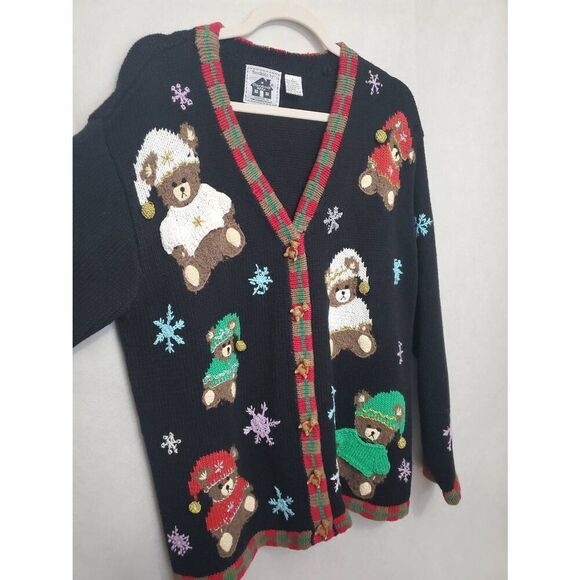Storybook Knits Vintage Christmas Teddy Bears Ugly Cardigan V Neck Sweater - Picture 2 of 14